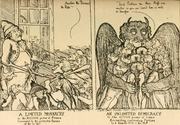 Comic-Strip-Vergleich zwischen einer beschränkten Monarchie (links) und einer unbeschränkten Demokratie (rechts) mit erklärendem Text.