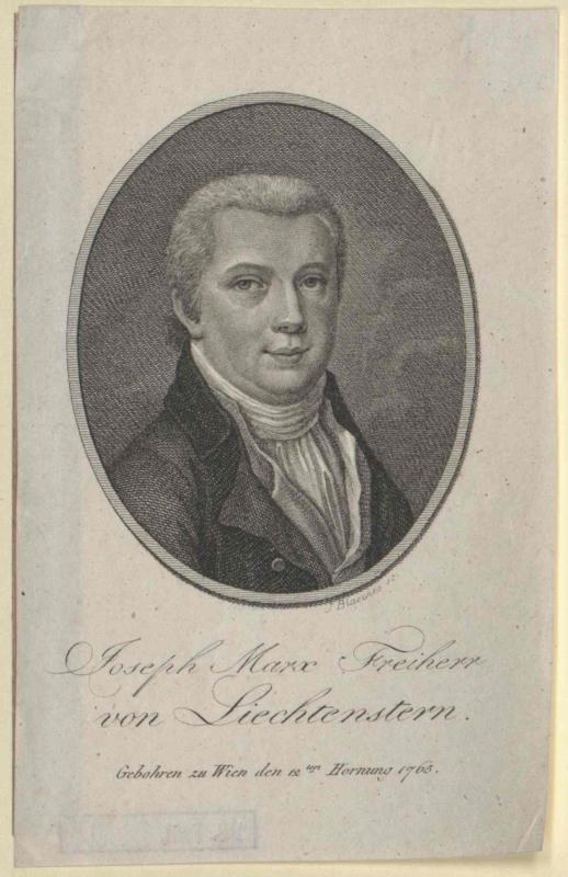 Porträt von Joseph Marx Freicher von Liechtenstein, einem deutschen Komponisten, in einem schwarzen Anzug und einem weißen Hemd mit einem ernsten Gesichtsausdruck, der ein Blatt Papier hält.