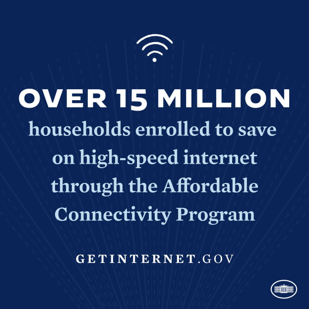 Plakat, das das Affordable Connectivity Program bewirbt, mit Text, der besagt, dass über 15 Millionen Haushalte eingeschrieben sind, um bei High-Speed-Internet zu sparen, und einem Logo.