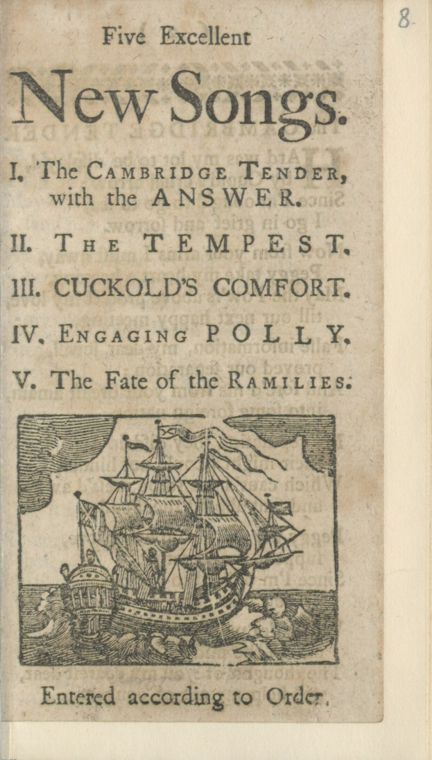 Altes Buchcover mit einem Schiff, das auf Wasser segelt, und dem Text "Fünf ausgezeichnete neue Lieder" sowie einem blauen Himmel mit Wolken.