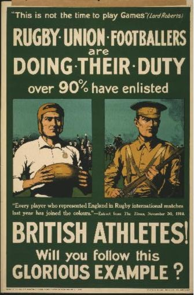 Britische Rugbyspieler in einem Plakat, das die Verpflichtung von Athleten bewirbt, mit Textinformationen zu ihren Aufgaben.