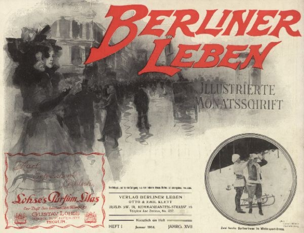 Altes Buch mit dem Titel 'Berliner Leben' und einem Foto von Menschen in traditioneller deutscher Tracht auf dem Cover und Text, der seinen Inhalt beschreibt.