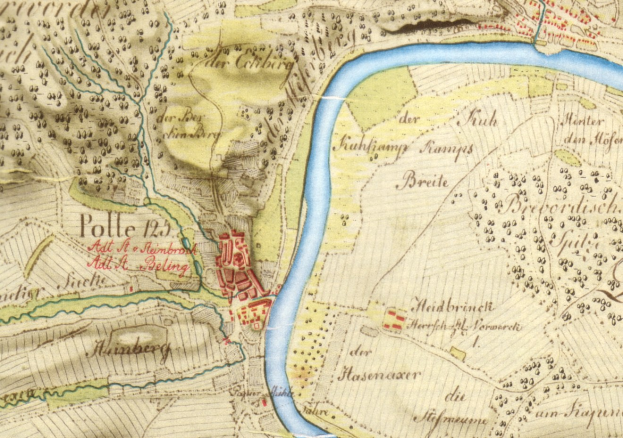 Detailiertes altes Stadtplan von Polle, Deutschland, mit einem Fluss, Straße und Gebäude markiert.