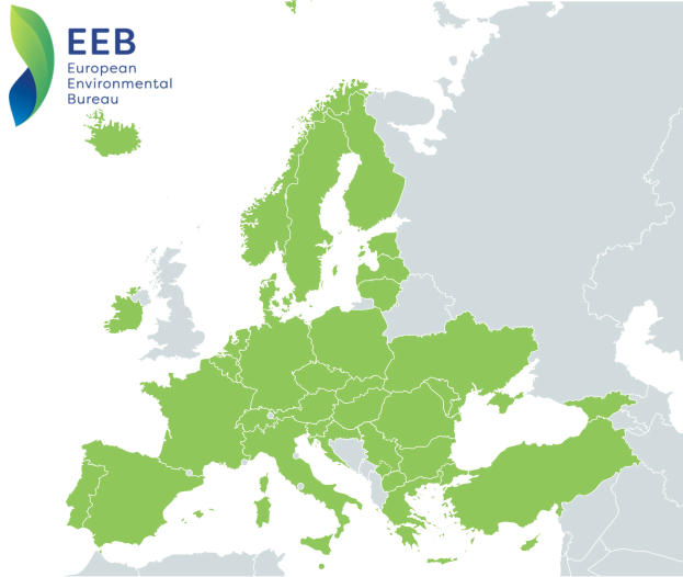 Eine Europakarte mit dem Logo des Europäischen Umweltbüros in der linken oberen Ecke, die in verschiedenen Grüntönen schattiert ist, um verschiedene EU-Regionen anzuzeigen.