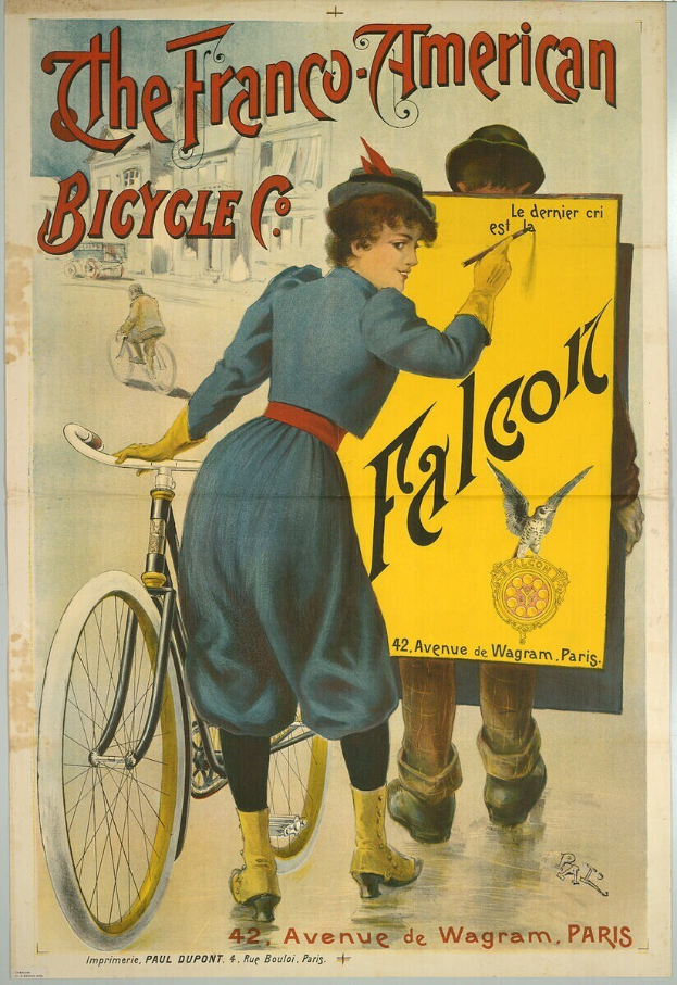 Plakat für die Franco-Amerikanische Fahrrad-GmbH, das eine Frau neben einem Fahrrad zeigt, mit Textwerbung für die Firma.