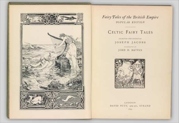 Offenes Buch mit einer Illustration eines keltischen Feenmärchens auf dem Cover, das auf einer flachen Oberfläche liegt und sichtbaren Text und detailreiche, farbenfrohe Feenmärchen-Kunst zeigt.