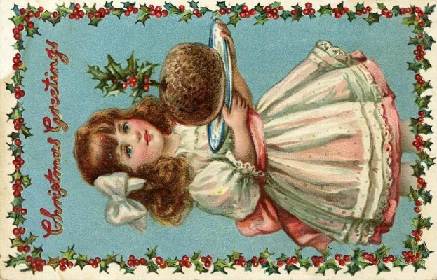 Eine alte Weihnachtskarte mit einem Mädchen in einem festlichen Kleid, das einen Korb mit Stechpalme hält, mit der Aufschrift "Frohe Weihnachten" in fetter Schrift.