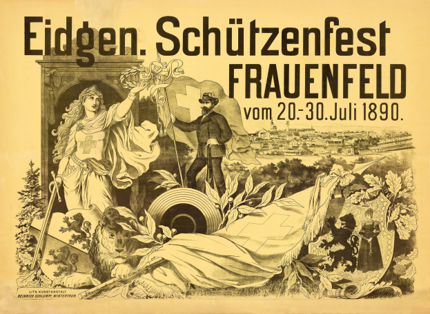 Plakat für das Eidgenössische Schützenfest in Frauenfeld, Deutschland, das einen förmlich gekleideten Mann und eine Frau neben den Ereignisdaten zeigt.