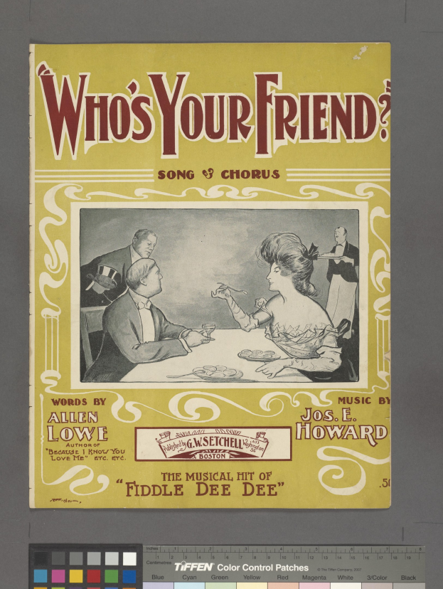 Plakat mit fetter schwarzer Schrift "Who's Your Friend? Song & Chorus" auf weißem Hintergrund, das eine farbenfrohe Illustration eines Mannes in einem blauen Anzug und einer Frau in einem pinken Kleid mit Schürze zeigt, umgeben von anderen in einem Kreis, eingerahmt von einem gelben Rand.