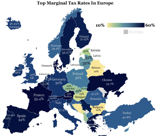 Eine Europakarte mit Farben, die die höchsten Grenzsteuersätze pro Land anzeigen, und derüber dem Titel "Höchste Grenzsteuersätze in Europa"
