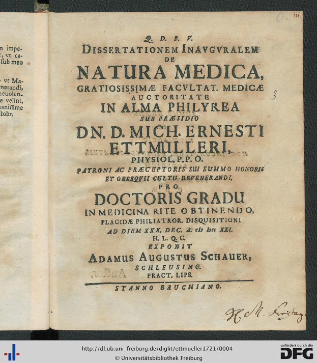 Offenes Buch mit dem Titel "Dissertationen in Inaugvraalem de Natura Medica, Gratisissima Facultat, Medica in Alma Philyrea" in Kursivschrift, mit einem hellblauen Umschlag mit weißer Umrandung und einer kleinen medizinischen Stabsillustration oben rechts.