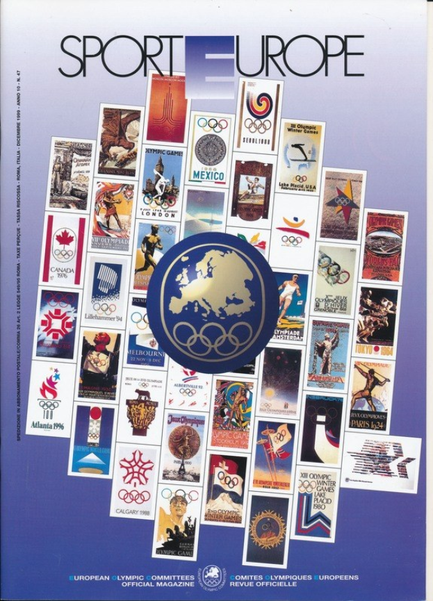 Buchumschlag mit dem Titel "Sport in Europa" in leuchtenden Farben und detaillierten Designs, der Olympische Symbole und verwandte Bilder zeigt.
