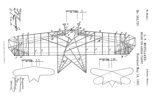 Ein detailliertes Modellflugzeug-Diagramm auf einem weißen Hintergrund, das verschiedene Komponenten wie Flügel, Heck und Propeller zeigt, zusammen mit Text und Zahlen, die darauf hinweisen, dass es ein Patent für ein Flugzeug ist.