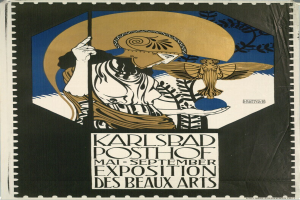 Plakat für die Karlsbader Posthof-Ausstellung der Beaux Arts mit einer Person in einem weißen Kleid mit einem blauen und weißen gemusterten Schal vor einem hellgelben Hintergrund, umgeben von schwarzem, fetten Text in einem weißen Rand.