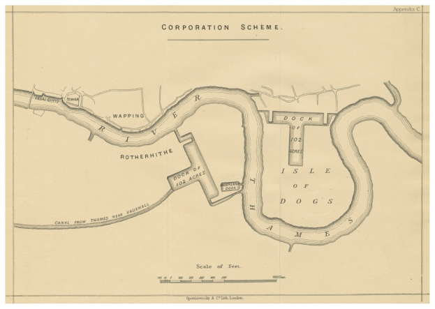 Detailiertes altes Stadtplan von London mit Straßen, Gebäuden und Sehenswürdigkeiten sowie Text, der ein Unternehmensschema beschreibt.