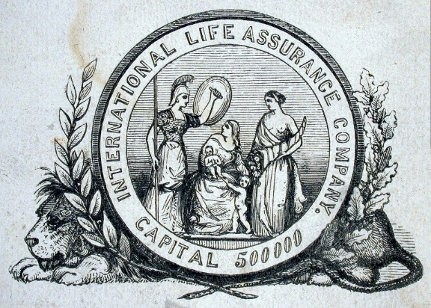 Schwarze und weiße Zeichnung des Logos der International Life Assurance Company mit Menschen, die Gegenstände halten, umgeben von Blättern und Text auf einem Blatt Papier.