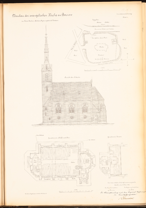Ein offenes Buch mit einer detaillierten Zeichnung einer Kirche neben Plänen und Text.