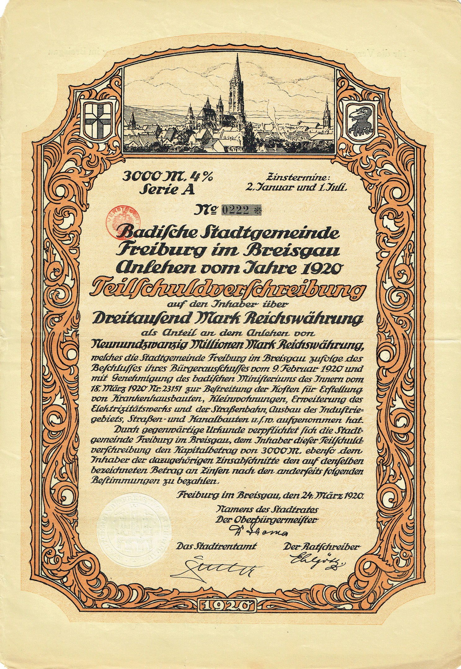 Alter deutscher Aktienchein mit einer Stadtansicht und gedrucktem Text, der wahrscheinlich seinen Ursprung angibt.