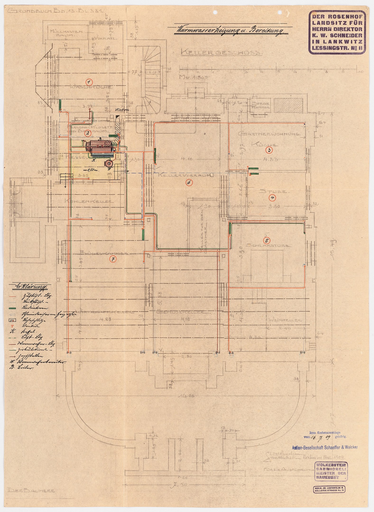 Schwarzes-weißes architektonisches Zeichnung des Rosenhof-Krankenhauses in Hamburg, Deutschland, zeigt detaillierte Grundrisse mit beschrifteten Räumen, Fluren und umfangreicher Verdrahtung.