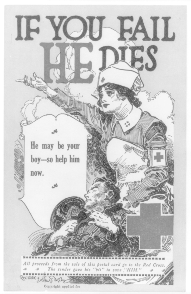 Schwarzes und weißes Plakat mit einer entschlossenen Frau und einem besorgten Mann mit Text, der Unterstützung für "deinen Jungen" fordert