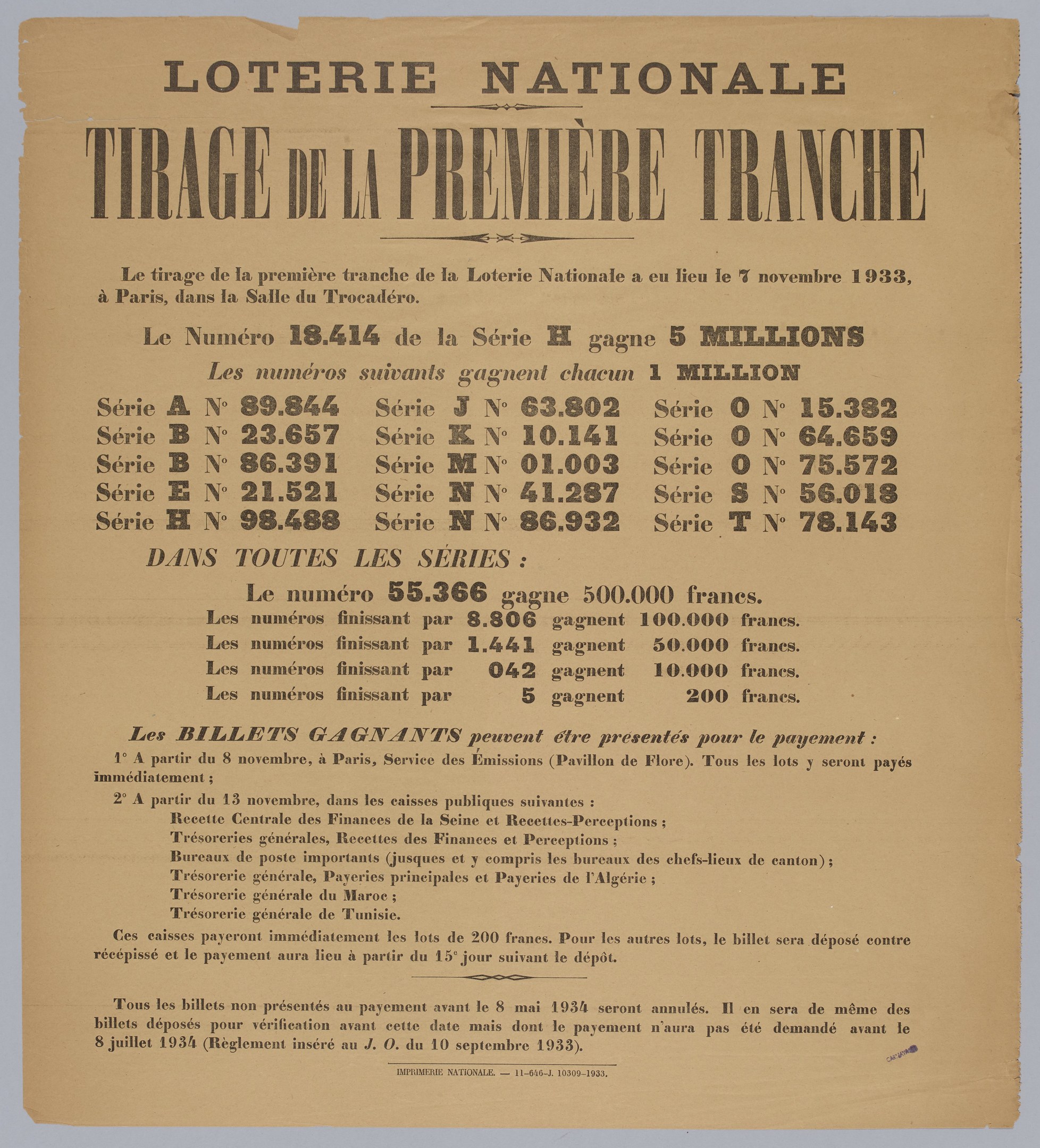 Ein Lotterielos mit der Aufschrift "Loterie Nationale Tirage de la Première Tranche"