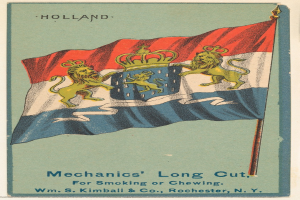 Plakat mit einer Flagge mit zwei Löwen und dem Text "Holland Mechanics' Long Cut für Rauchen oder Kauen".