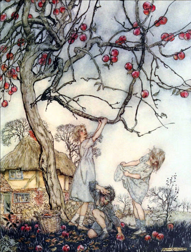 Ein Bild von drei Kindern, die vor einem Haus mit Reetdach einen Apfelbaum plücken, umgeben von üppiger Vegetation unter einem klaren blauen Himmel, mit einem Korb voller Äpfel in der Nähe.