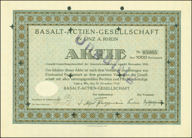 Rahmendes altes Aktienzertifikat der Basalt-Actien-Gesellschaft in Linz, Deutschland, mit sichtbarem Text.