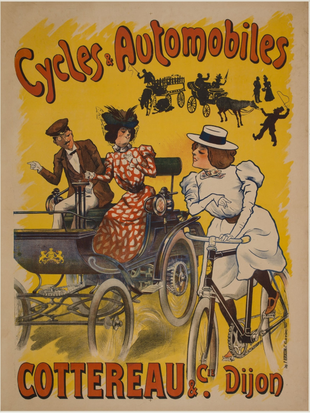 Plakatwerbung für Fahrräder und Automobile in Cottereau und Dijon, Frankreich, zeigt Menschen auf Fahrrädern und eine Kutsche mit "Fahrräder und Automobile" oben drauf.
