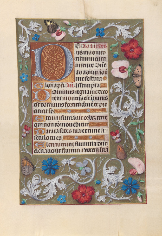 Eine bunt illustrierte Handschriftseite mit symmetrischen floralen Designs, Schmetterlingen und prächtiger kalligrafischer Text.