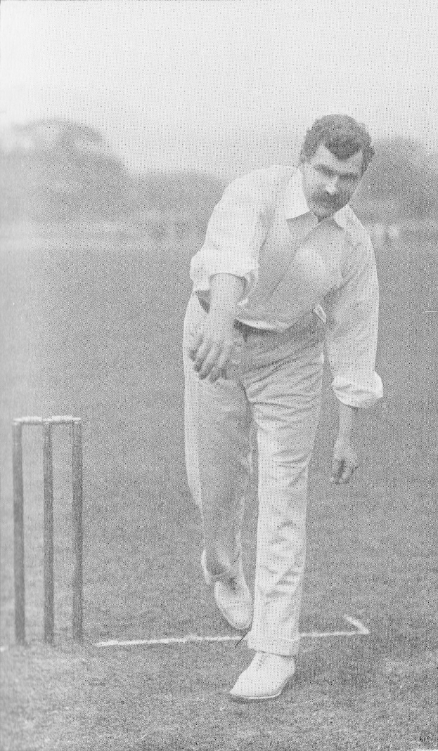 Ein Mann in weißem Hemd und Hose spielt Cricket mit Wickets auf dem Boden, umgeben von Bäumen und Himmel, mit dem Text "Cricket-Spieler des Jahres" unten.