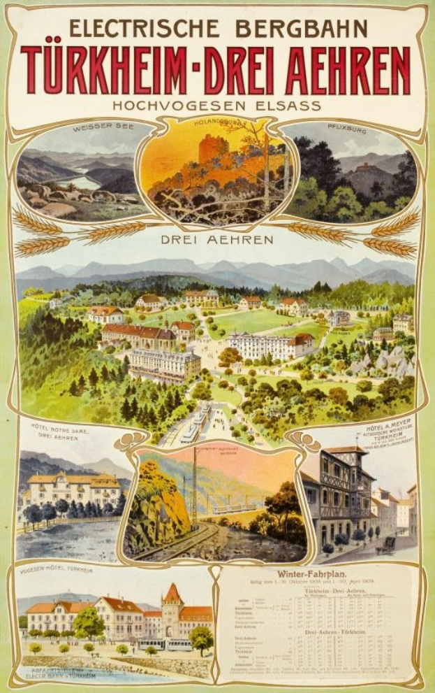 Plakat, das Bergbahn, Deutschland als elektrisches Stadt präsentiert, mit Bildern von Gebäuden, Bäumen, Hügeln und beschreibendem Text.