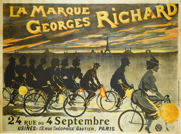 Ein Plakat, das ein Fahrradrennen in Paris, Frankreich, ankündigt, mit einer Gruppe von Radfahrern und dem Eiffelturm im Hintergrund.