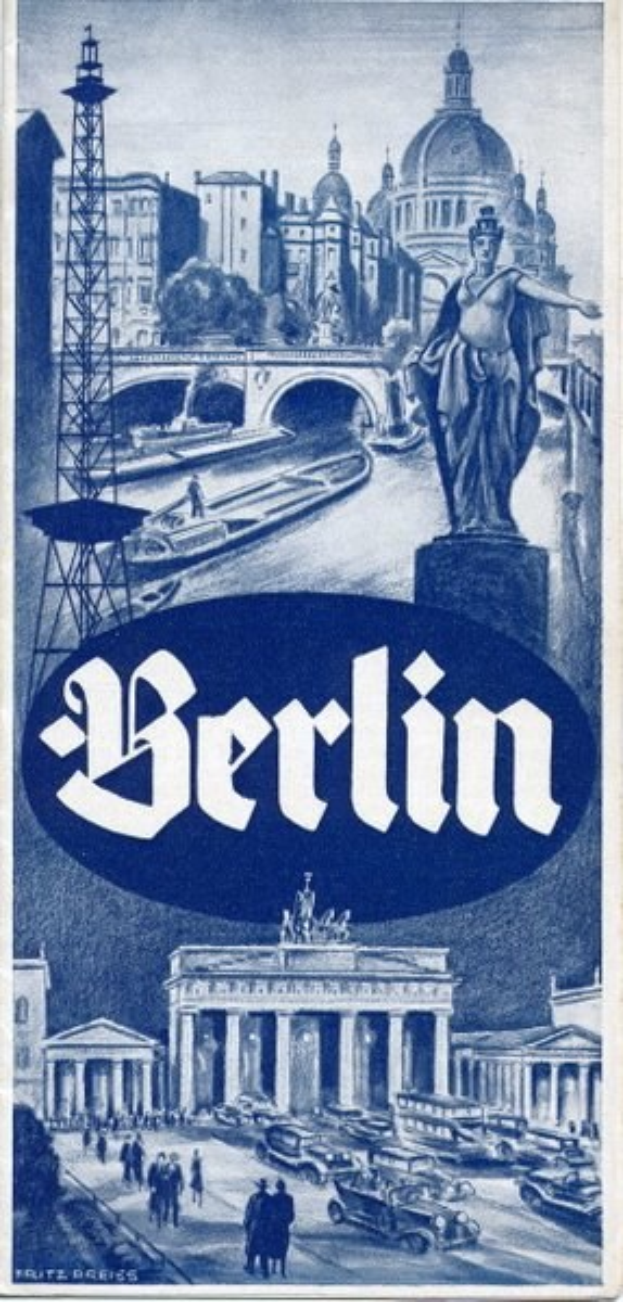 Plakat zur Bewerbung von Berlin, Deutschland, mit einer Statue, Gebäuden, einem Turm, Menschen, Fahrzeugen auf der Straße und einer Brücke, mit Text, der Informationen über die Stadt enthält.
