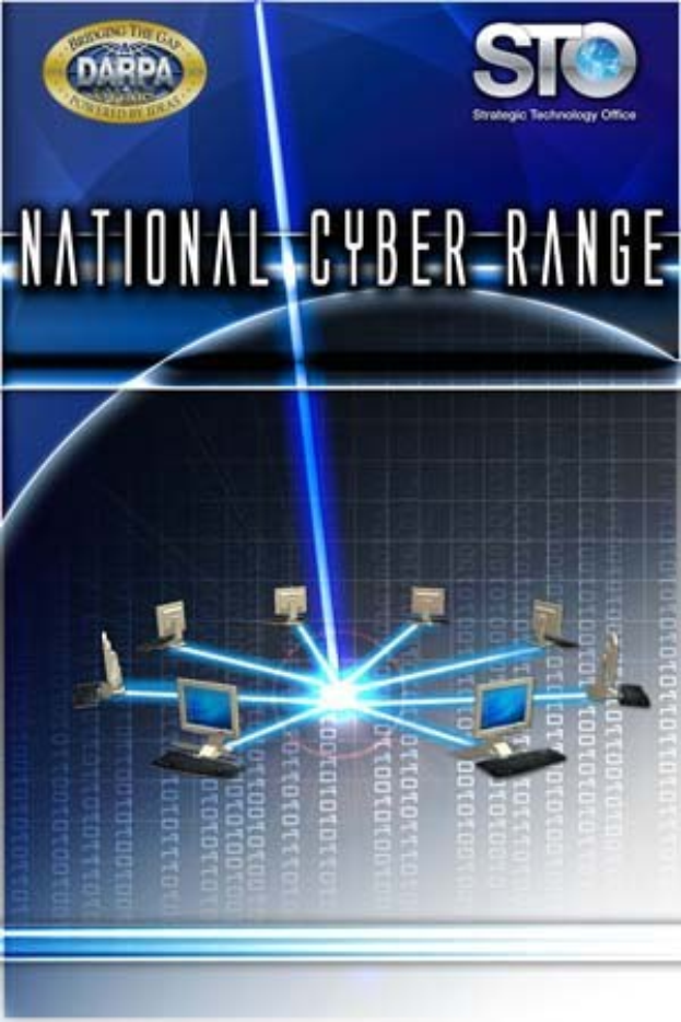 Plakat mit "National Cyber Range" in fetter weißer Schrift auf einem blauen Hintergrund, das eine Weltkugel mit vernetzten Computern zeigt.