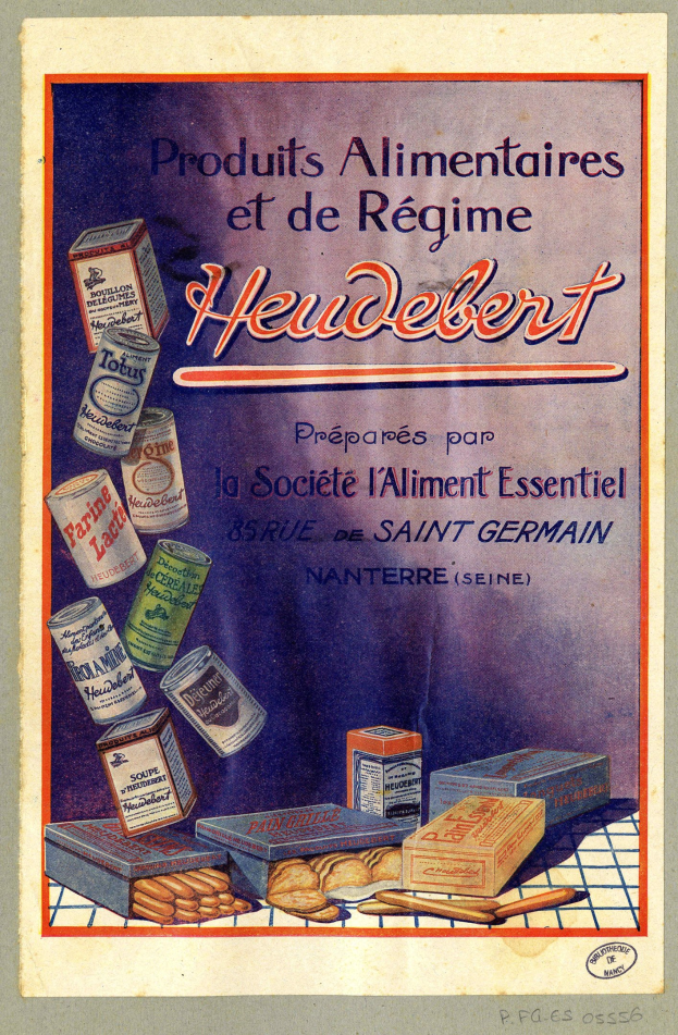 Plakat betitelt "Heidelberg - Produkte für Ernährung und Diät Heidelberg" zeigt verschiedene Lebensmittel und Verpackungen.