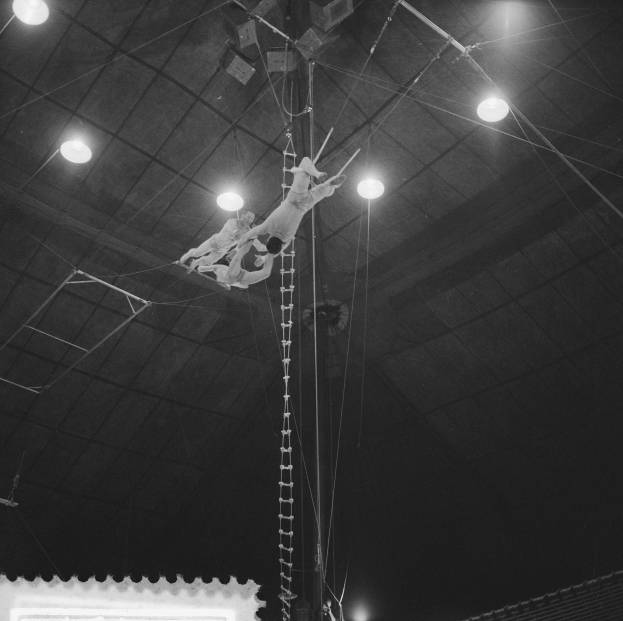 Zwei Akrobaten auf einem Trapez in einem Zirkus, mit Zuschauern und Deckenlampen.