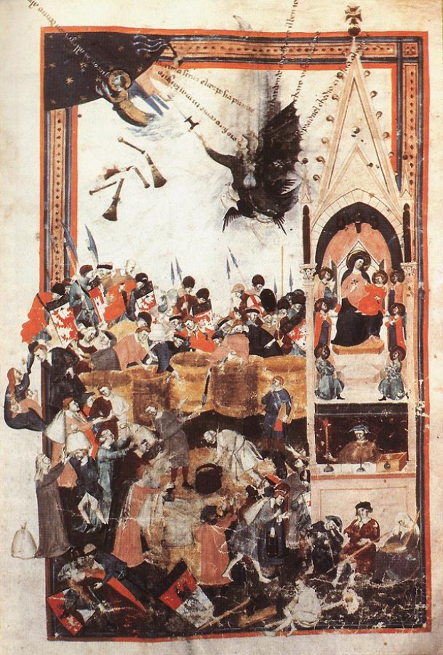 Illuminierte Handschrift mit einer Darstellung des Falls der rebellischen Engel, mit einer Gruppe von Menschen in einer Kirche im Vordergrund und leuchtenden, detailreichen Elementen.