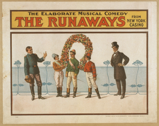Plakat für "The Elaborate Musical Comedy Runaways" im New Yorker Casino, das eine Gruppe von Menschen in einer Reihe zeigt, wobei einer einen Blumenstrauß hält, und einen Text, der die Vorstellung beschreibt.