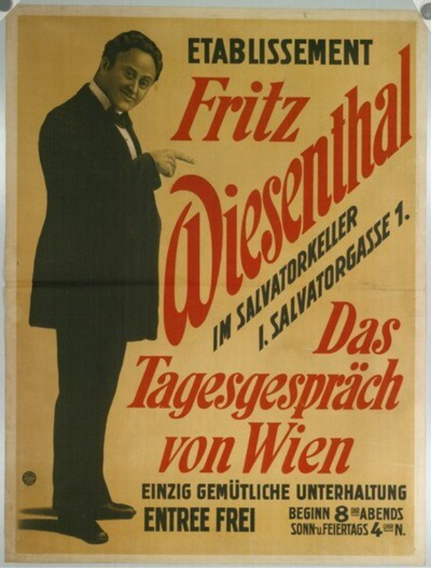 Schwarz-weißes Plakat von Fritz Diesenthal, einem deutschen Komponisten, in einem schwarzen Anzug und einem weißen Hemd mit zurückgekämmtem Haar, der ernst in die Kamera schaut, auf einem weißen Hintergrund mit fetter schwarzer Schrift.