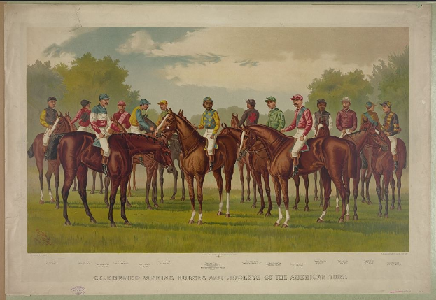 Gruppe von Menschen, die auf einem grünen Feld mit Bäumen und einem blauen Himmel reiten, mit Text unten: "Feier der siegreichen Pferde und Jockeys des amerikanischen Turfs."