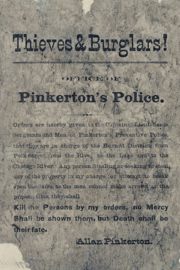 Plakat mit fetter schwarzer Schrift "Diebe & Einbrecher Pinkertons Polizei" auf einem weißen Hintergrund, umrahmt von einem schmalen schwarzen Rand.
