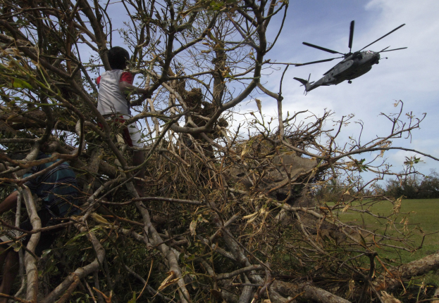 Ein grüner Hubschrauber mit einem Baum, der quer darüber liegt, zwei Personen in der Nähe, auf einer grünen Fläche mit anderen Bäumen und Wolken am Himmel.