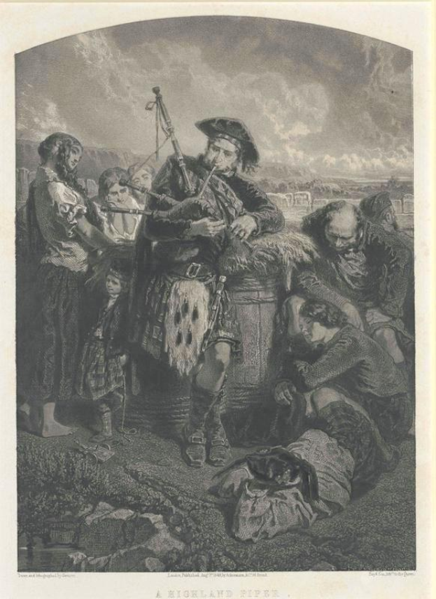Schwarz-weißes Gravurabbild eines Mannes, der vor einer Gruppe von Menschen unter einem bewölkten Himmel eine Dudelsack spielt, mit dem Text "Ein Highland-Pfeife" unten.