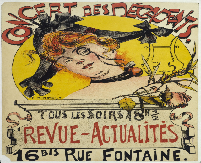 Plakat für ein Decadents-Konzert mit einer Frau mit menschlichem Gesicht und Text mit Veranstaltungseinzelheiten.
