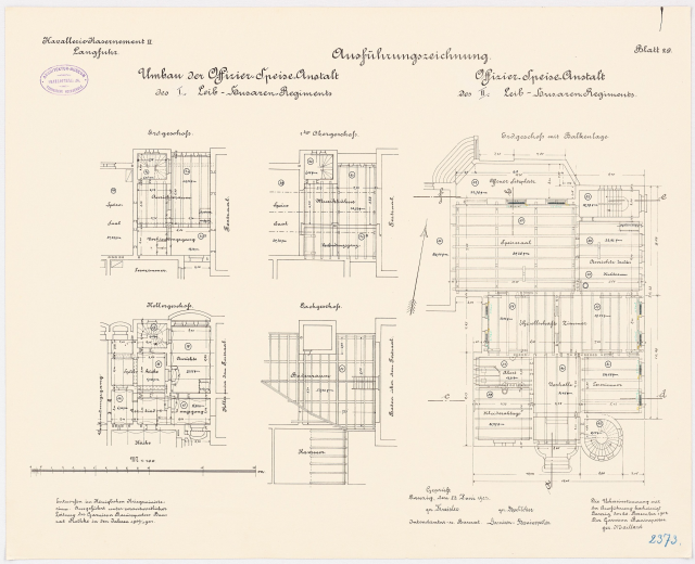 Schwarz-weißer architektonischer Grundriss des ehemaligen Bundeskanzleramts, der detaillierte Layout- und Textanmerkungen zeigt.