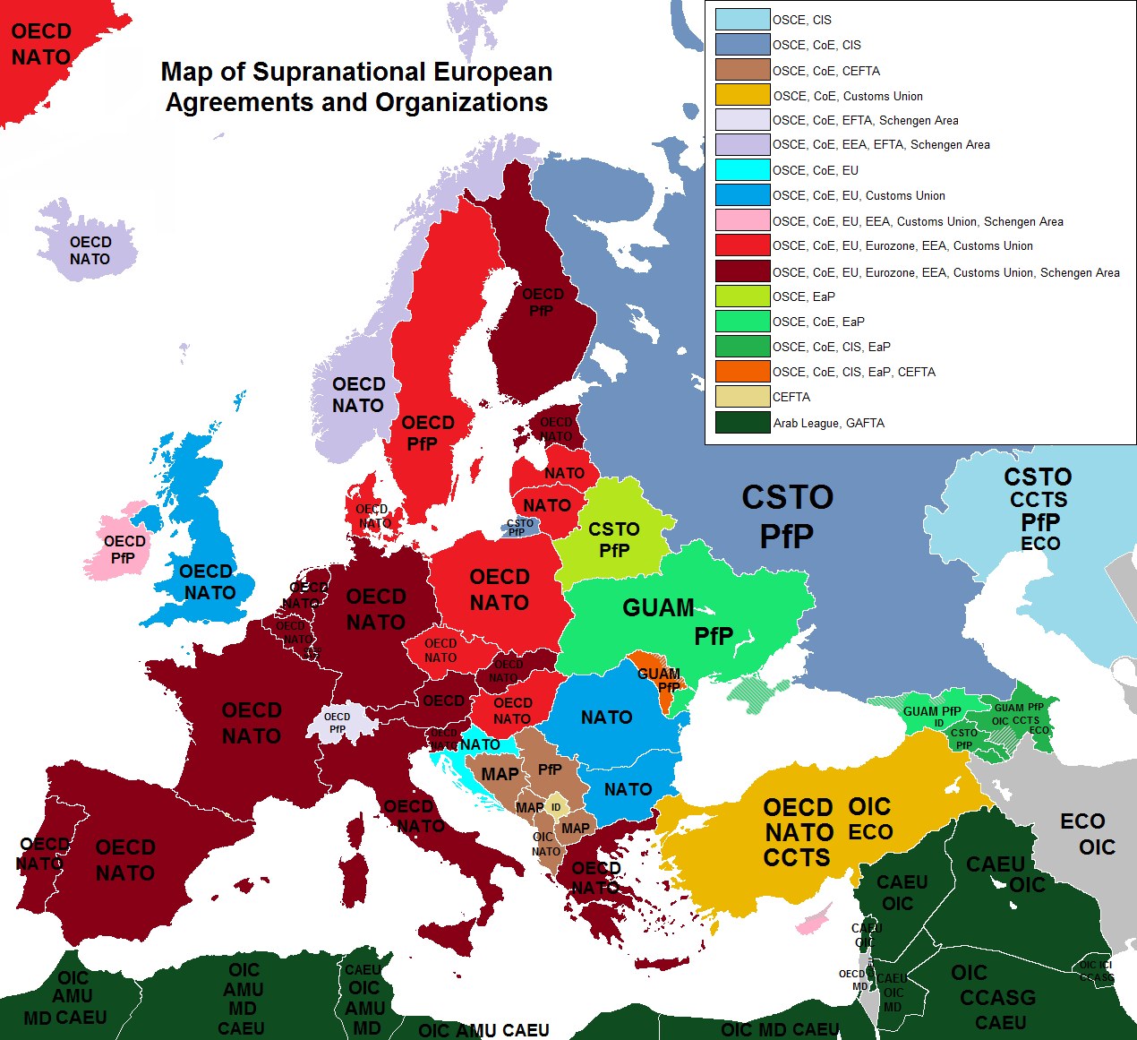 Eine bunte Europakarte, die Länder und ihre Vereinbarungen oder Organisationen hervorhebt, mit begleitenden Textbeschriftungen.