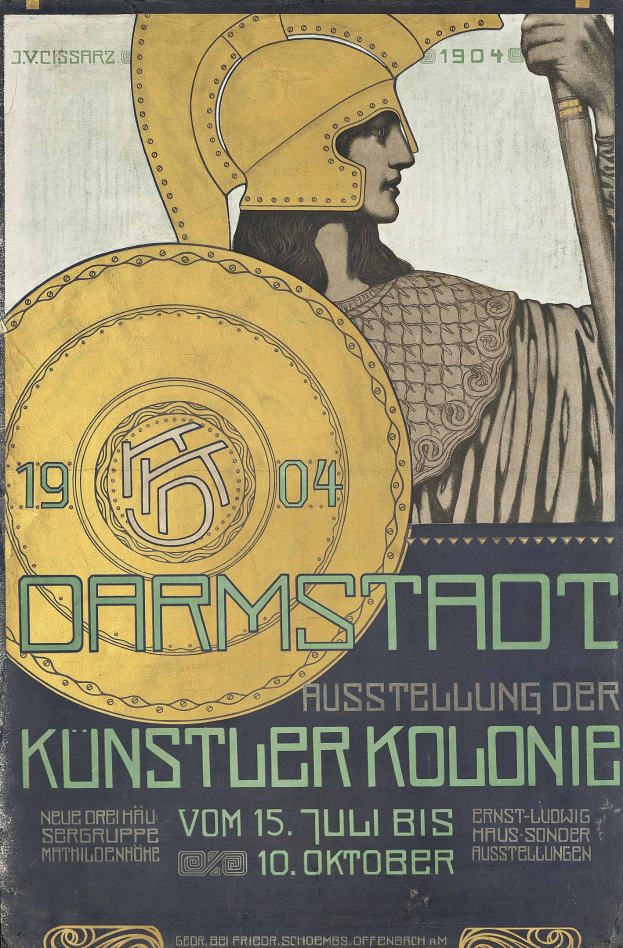 Plakat fuer ein 1904er Berlin-Konzert mit einem Helmträger, der ein Schild haelt, mit 'Darmstadt' und 'Kuenstler Kolonie' in fetter Schrift.