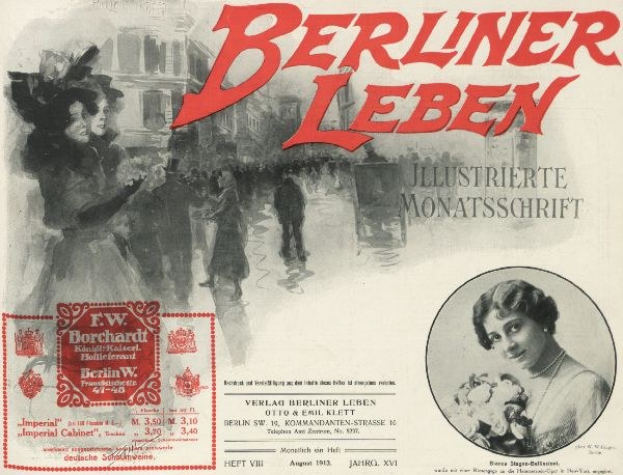 Werbeplakat für den Berliner Leben Film, das eine Gruppe von Menschen vor einem Gebäude zeigt, mit Text, der den Film und seine Charaktere beschreibt.