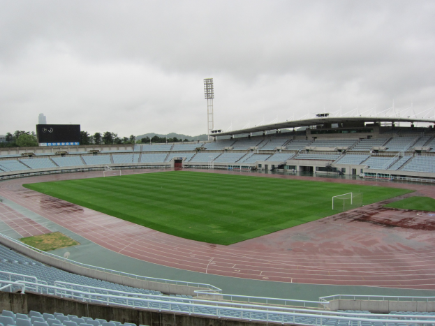 Großes Stadion mit einem Fußballfeld, umgeben von Sitzplätzen, einem Zaun, einem Display, Bäumen, einem Turm, Gebäuden und einem bewölkten Himmel.